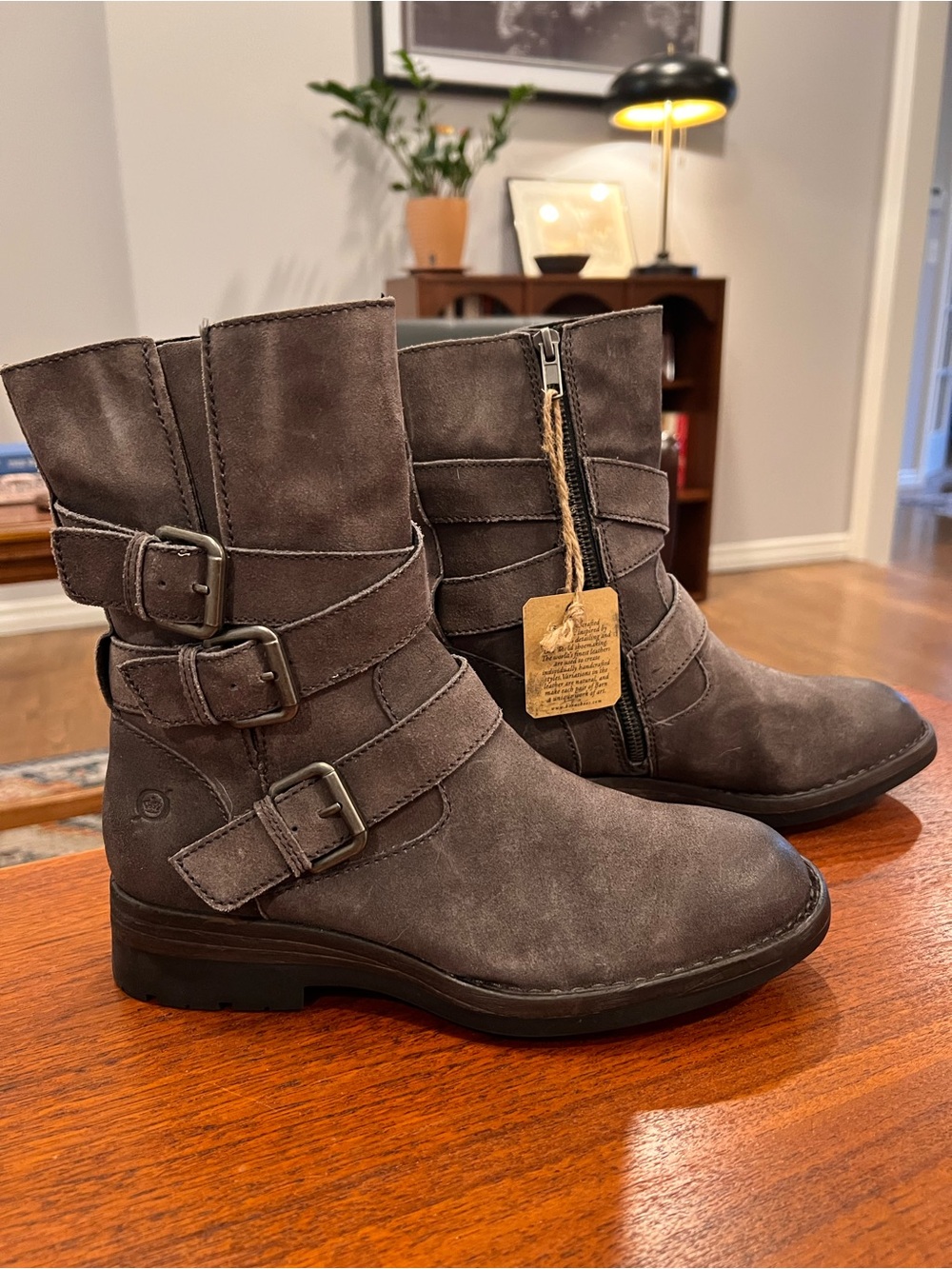 NWT Born ‘Mayne’ Gray Genuine Leather Suede 3 Buckle Mid Calf Combat Moto Boots